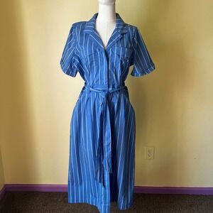 J.Crew Blue Striped Cotton Shirt Dress Belted Button Front Short Sleeve Size 12